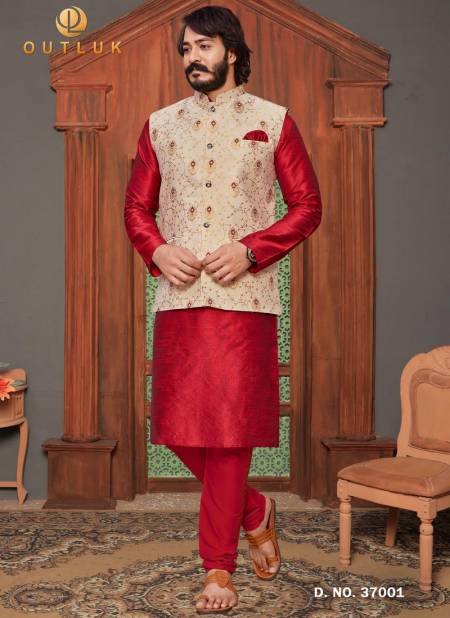 Red Colour Traditional Jacquard Silk Party Wear Kurta Pajama With Jacket Mens Collection 37001